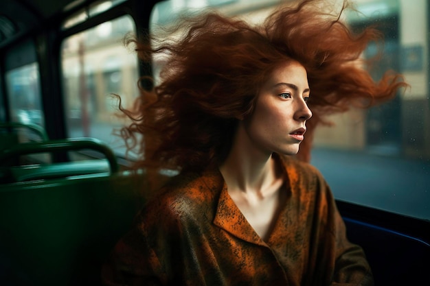 Illustration de l'IA générative Belle jeune fille aux cheveux longs dans le métro de New York