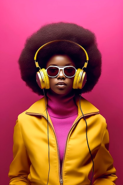 Illustration d'IA générative de belle jeune fille noire aux cheveux afro écoutant de la musique sur des écouteurs