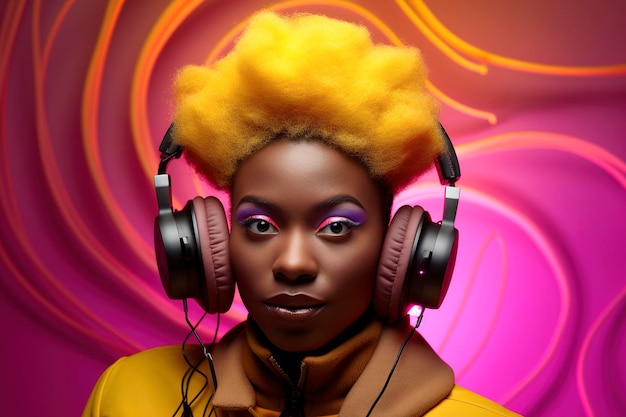 Illustration d'IA générative de belle jeune fille noire aux cheveux afro écoutant de la musique sur des écouteurs