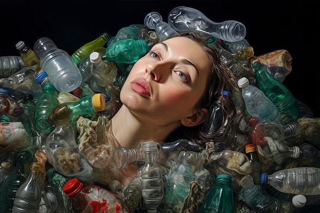 Illustration IA générative de belles femmes entourées d'ordures et de plastique non recyclé