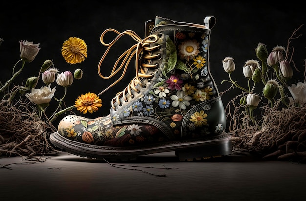 Illustration IA générative de bottes recyclées avec des fleurs