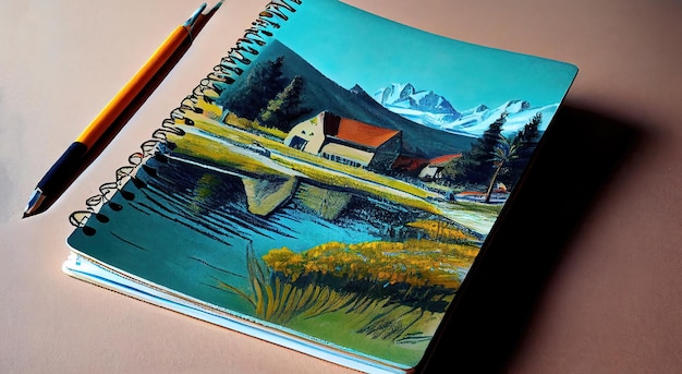 Illustration IA générative d'un cahier avec dessin de paysage sur la couverture