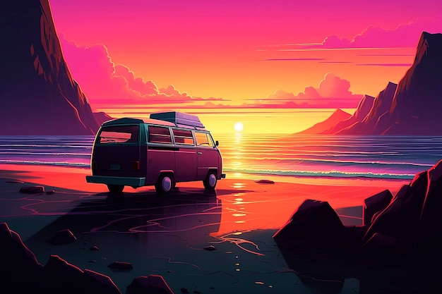 Illustration IA générative d'une camionnette assise près de la plage au coucher du soleil dans le style de rétroonde