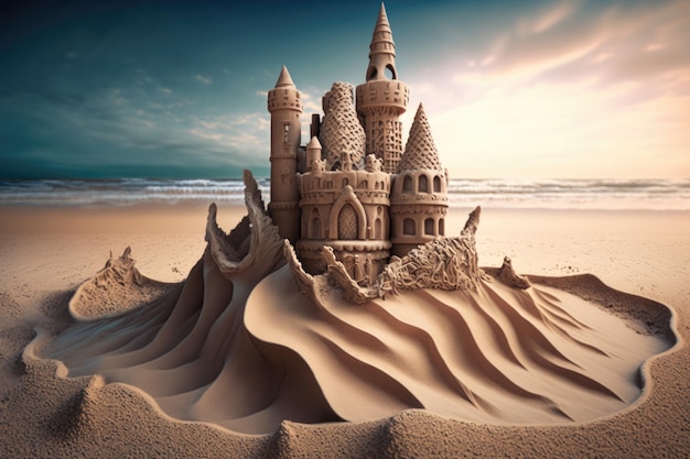 Illustration IA générative d'un château de sable sur la plage