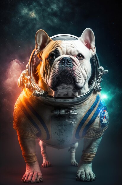 Illustration d'IA générative d'un chien bouledogue anglais habillé en astronaute