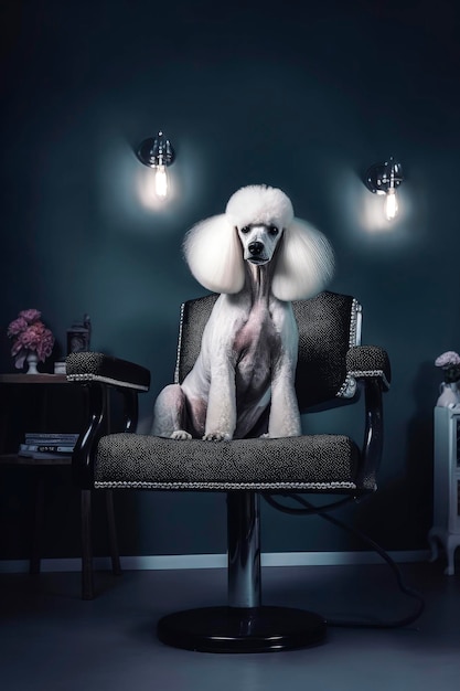 Illustration IA générative d'un chien caniche géant blanc assis sur une chaise de salon en attendant de se faire couper les cheveux