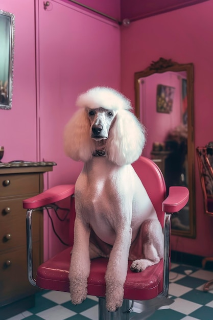 Illustration IA générative d'un chien caniche géant blanc assis sur une chaise de salon en attendant de se faire couper les cheveux