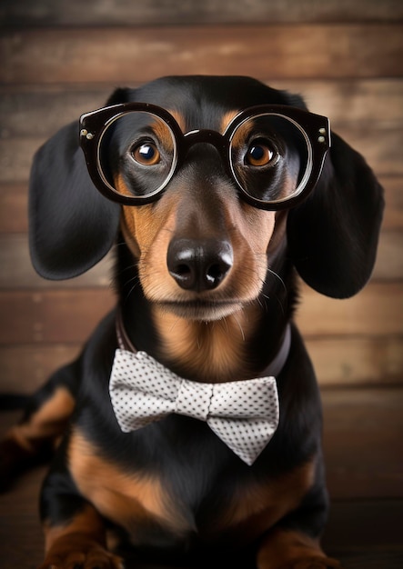 Illustration d'IA générative d'un chien teckel mignon avec des lunettes et un livre d'apprentissage à l'école