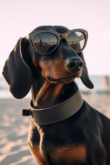 Illustration IA générative d'un chien teckel portant des lunettes de soleil en vacances assis dans un hamac