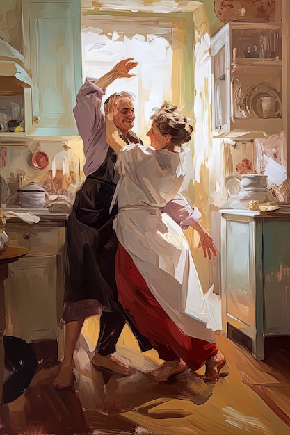 Illustration IA générative d'un couple de personnes âgées dansant et profitant de la vie dans la cuisine