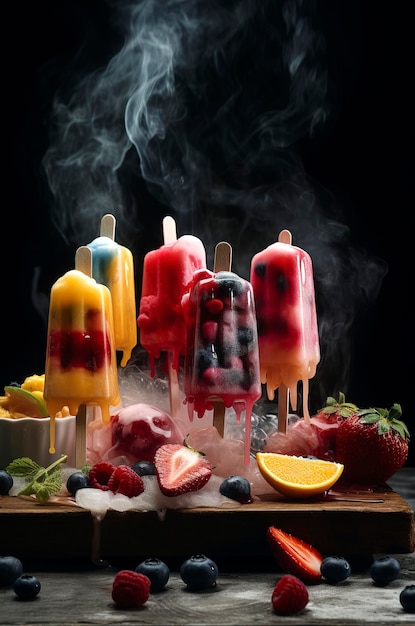 Illustration d'IA générative de crème glacée aux sucettes glacées aux fruits naturels faits maison