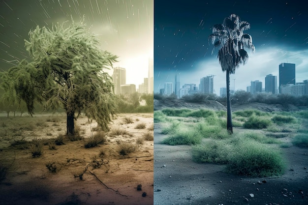 Illustration de l'IA générative de deux images différentes d'une île avec deux arbres, l'un avec des ordures et la destruction et un autre vert avec une nature durable derrière