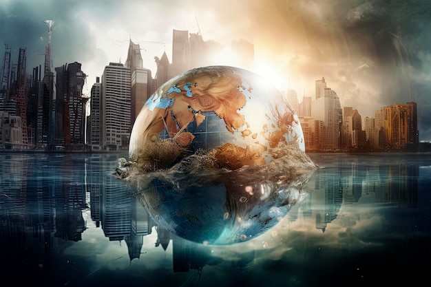 Illustration IA générative du chaos et de la destruction sur la terre avec de l'eau et des bâtiments sur le dessus en raison du changement climatique