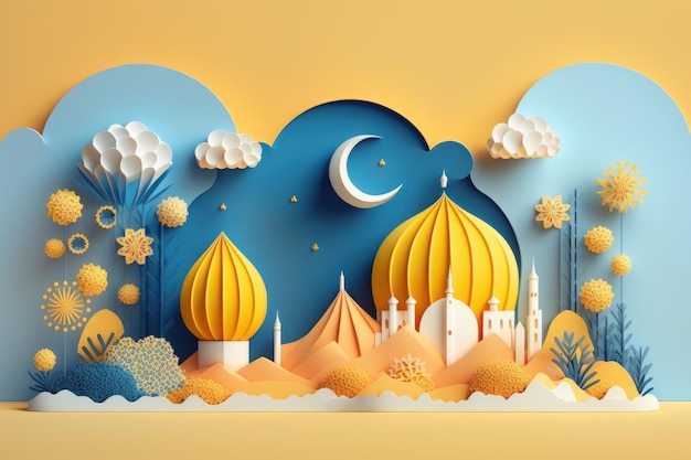 Illustration d'IA générative du fond du Ramadan Kareem avec la lune et les nuages de la mosquée