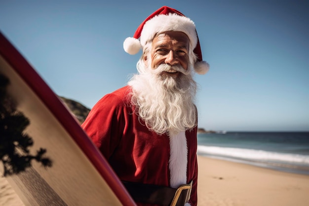 Illustration d'IA générative du père Noël portant des lunettes de soleil surfant sur une plage par un concept de noël ensoleillé