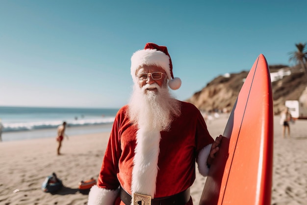 Illustration d'IA générative du père Noël portant des lunettes de soleil surfant sur une plage par un concept de noël ensoleillé