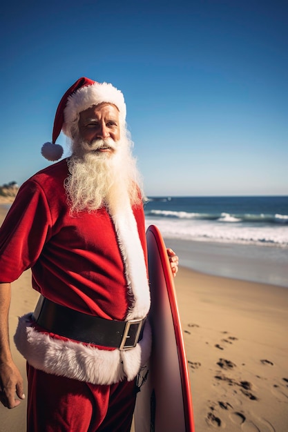 Illustration d'IA générative du père Noël portant des lunettes de soleil surfant sur une plage par un concept de noël ensoleillé