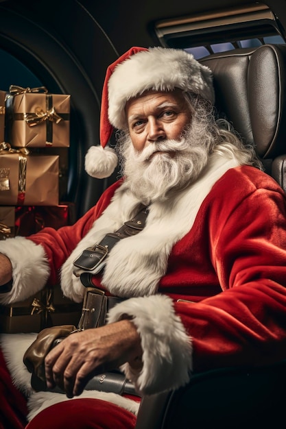 Illustration d'IA générative du Père Noël volant dans un jet privé entouré de cadeaux prêts à livrer les jours de Noël