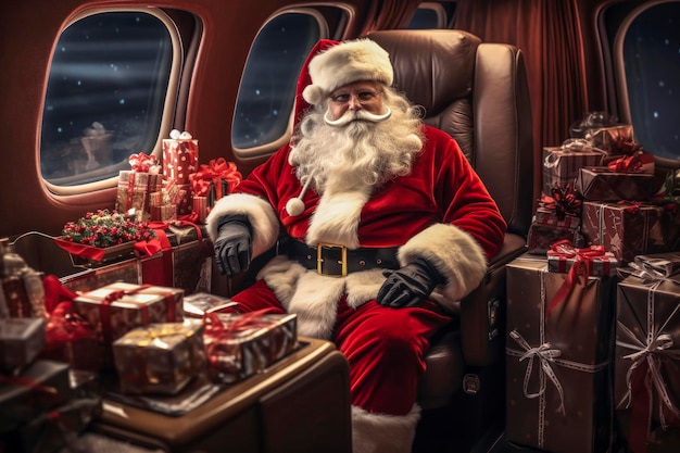 Illustration d'IA générative du Père Noël volant dans un jet privé entouré de cadeaux prêts à livrer les jours de Noël