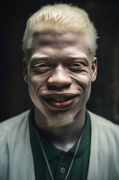 Illustration IA générative du Portrait d'un albinos mâle noir avec vitiligo regardant la caméra