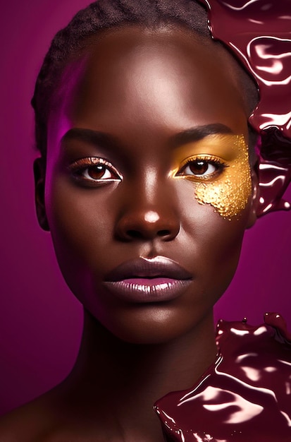 Illustration IA générative du Portrait d'une belle fille noire avec du chocolat fondant sur son visage