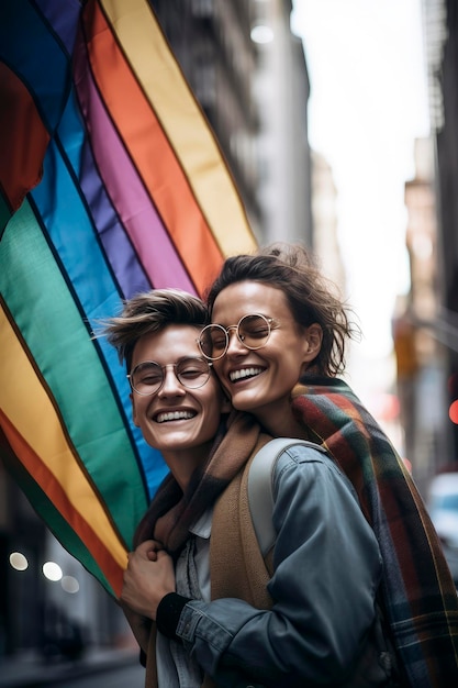 Illustration IA générative du Portrait de deux femmes lesbiennes amoureuses Heureux dans la ville