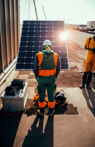 Illustration IA générative d'un électricien en uniforme de casque de sécurité et gants de travail installant un nouveau panneau solaire brillant