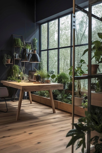 Illustration IA générative d'un espace de bureau scandinave avec lumière naturelle avec murs en verre, plancher en bois et mobilier en bois recyclé