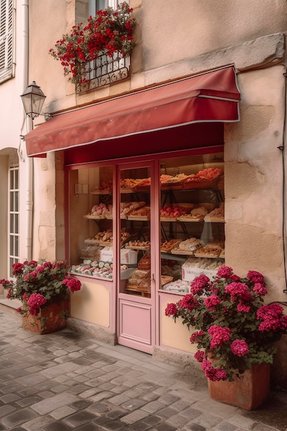 Illustration IA générative d'une façade rose romantique avec des roses à la porte