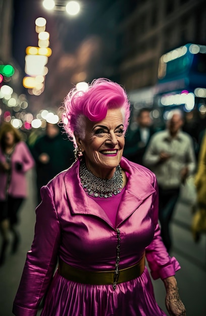 Illustration d'IA générative d'une femme drôle de 65 ans aux cheveux magenta s'amusant dans les rues