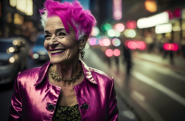 Illustration d'IA générative d'une femme drôle de 65 ans aux cheveux magenta s'amusant dans les rues