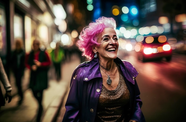 Illustration d'IA générative d'une femme drôle de 65 ans aux cheveux magenta s'amusant dans les rues
