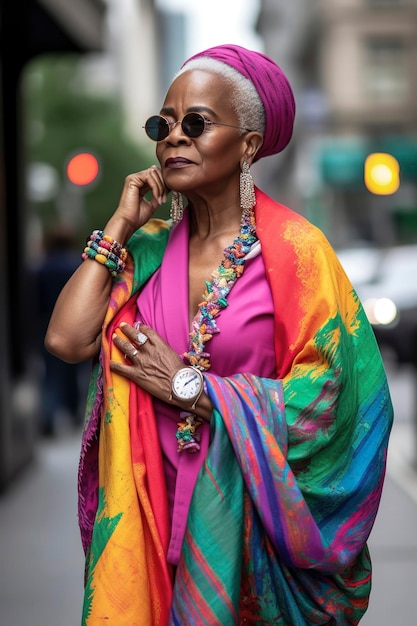 Illustration IA générative d'une femme noire de 60 ans vêtue de haute couture marchant dans les rues de Paris