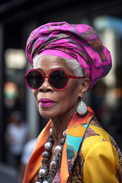 Illustration IA générative d'une femme noire de 60 ans vêtue de haute couture marchant dans les rues de Paris