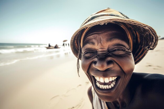 Illustration d'IA générative d'une femme noire senior africaine heureuse s'amusant en souriant à la caméra sur la plage