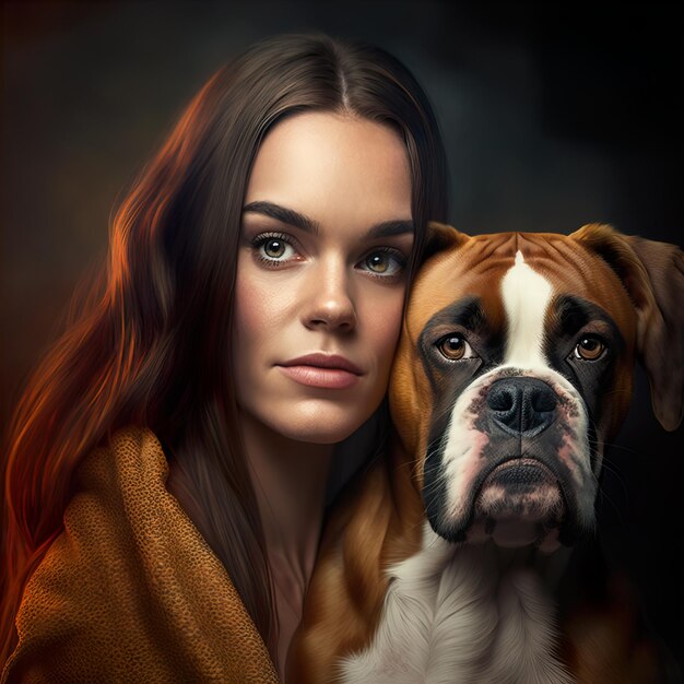 Illustration IA générative d'une fille avec son chien boxer avec des regards accrocheurs