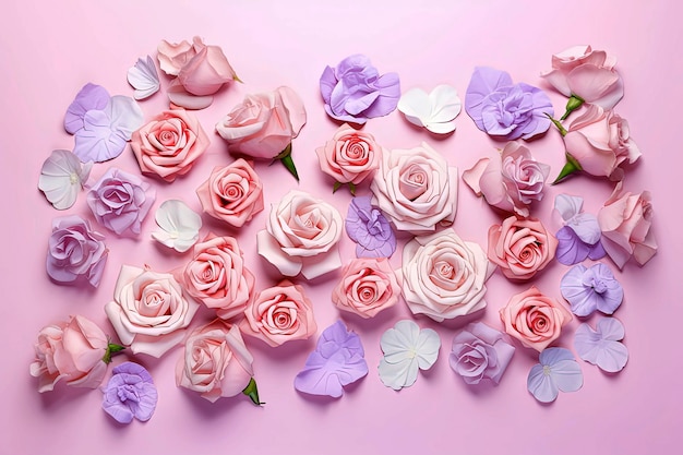 Illustration IA générative de fond de couleurs pastel de fleurs roses avec des pétales doux vus d'en haut avec espace de copie