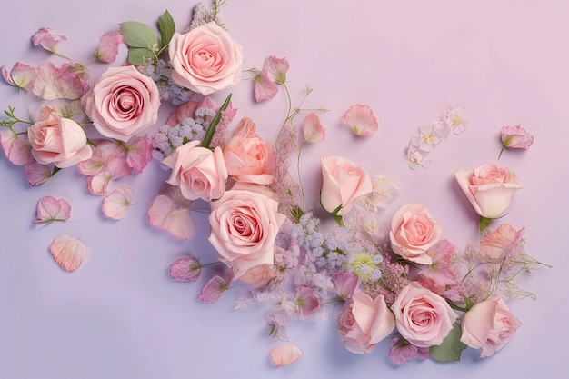 Illustration IA générative de fond de couleurs pastel de fleurs roses avec des pétales doux vus d'en haut avec espace de copie