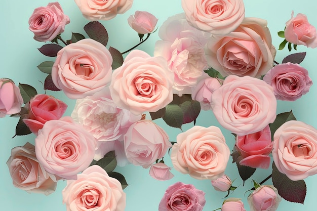 Illustration IA générative de fond de couleurs pastel de fleurs roses avec des pétales doux vus d'en haut avec espace de copie