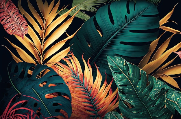 Illustration IA générative de fond Feuilles de palmiers tropicaux colorés