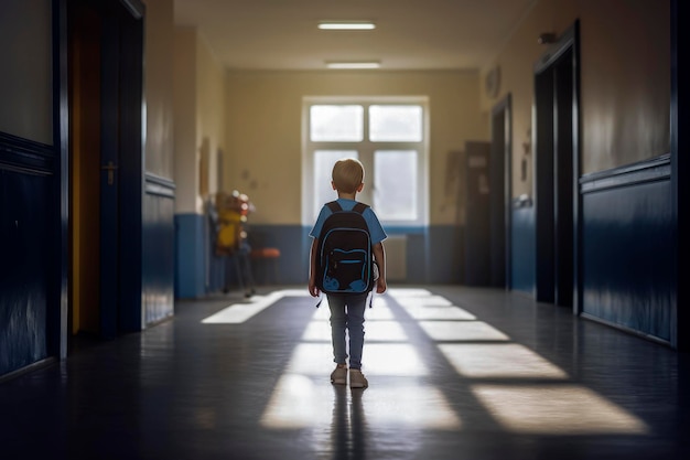 Illustration IA générative d'un garçon seul et sur son dos portant un sac à dos entrant dans la salle de classe de l'école