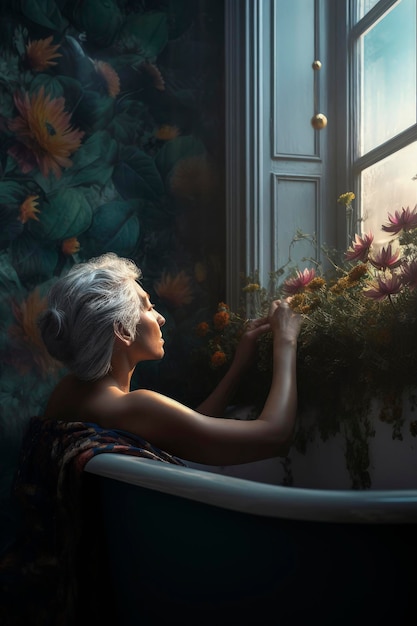 Illustration IA générative d'une grand-mère âgée aux longs cheveux gris dans une salle de bain avec des fleurs