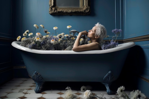 Illustration IA générative d'une grand-mère âgée aux longs cheveux gris dans une salle de bain avec des fleurs