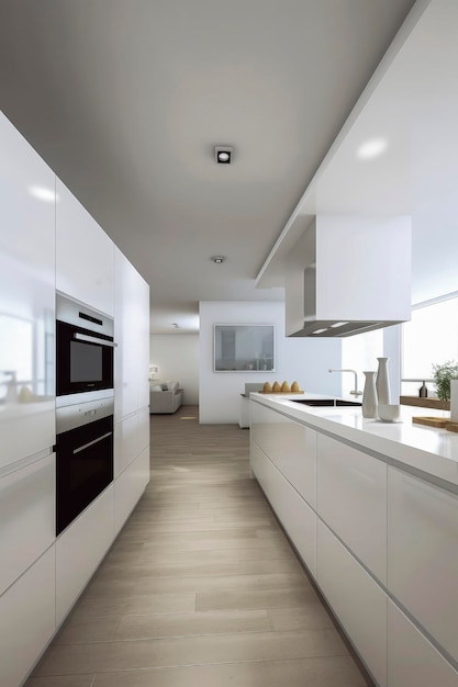 Illustration IA générative d'une grande cuisine avec une décoration minimaliste et des meubles en blanc