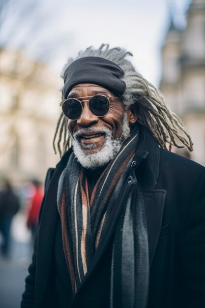 Illustration IA générative de Happy Old Black Man avec des dreadlocks et des lunettes de soleil aux cheveux gris et un chapeau habillé élégamment marchant dans les rues de la ville en hiver