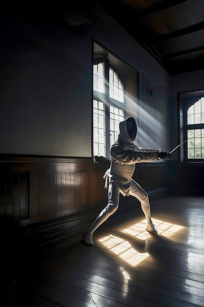 Illustration IA générative d'un homme s'entraînant à l'escrime dans une pièce sombre avec des rayons de lumière traversant une fenêtre