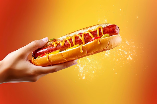Illustration IA générative d'un hot-dog avec de la moutarde et du ketchup tenu d'une main sur fond coloré