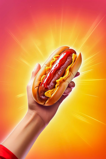 Illustration IA générative d'un hot-dog avec de la moutarde et du ketchup tenu d'une main sur fond coloré