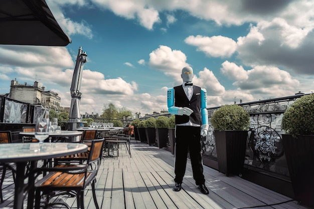 Photo illustration ia générative de l'intelligence artificielle déguisée en serveur travaillant à la terrasse d'un bar à paris