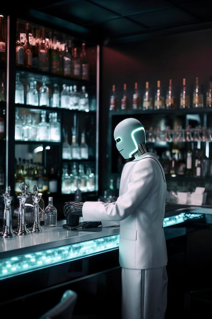 Illustration IA générative de l'intelligence artificielle habillée en barman travaillant en secouant un shaker